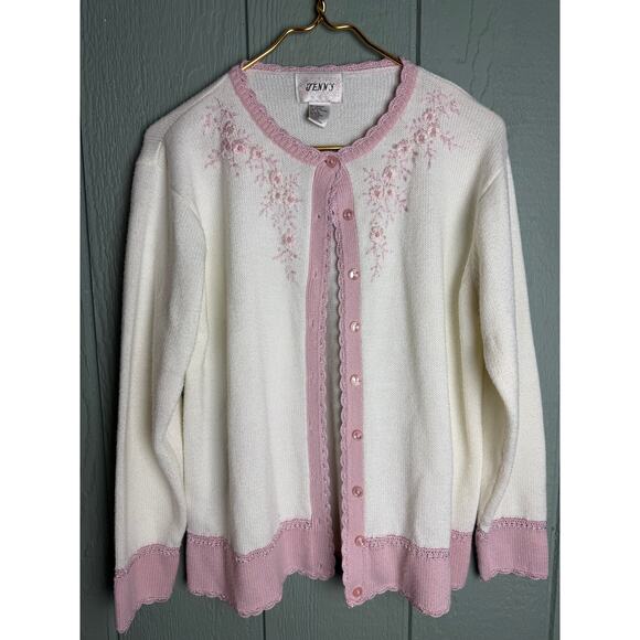 Vintage 90s Pastel Cottagecore Floral Knit Cardigan Women’s Large - Picture 1 of 5